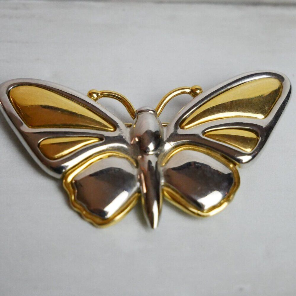 LC Signed 2 Tones Butterfly Brooch Gold & Silver Tone Shiny Metal Eccentric